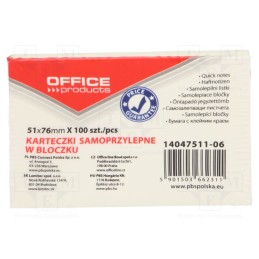 6 pcs x OFFICE PRODUCTS - 5901503662311 - Sticky notes, 51x76mm, yellow