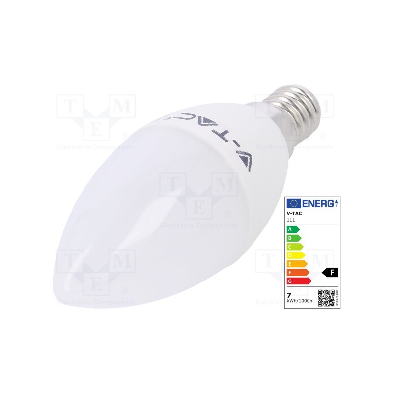 1 pcs x V-TAC - SKU 111 - LED lamp, warm white, E14, 220/240VAC, 600lm, P: 7W, 200°, 3000K