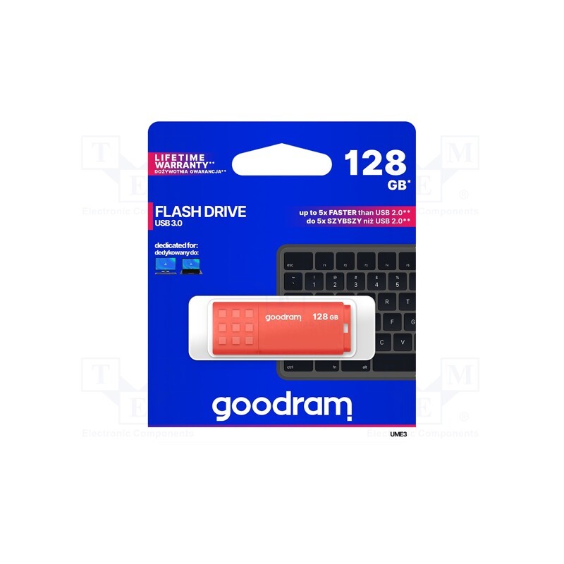 1 pcs x GOODRAM - UME3-1280O0R11 - Pendrive, USB 3.0, 128GB, R: 60MB/s, W: 20MB/s, USB A, orange