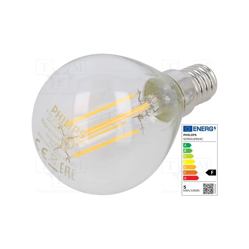 1 pcs x PHILIPS - 8718699763152 - LED lamp, warm white, E14, 230VAC, 470lm, P: 4.3W, 2700K, CRImin: 80