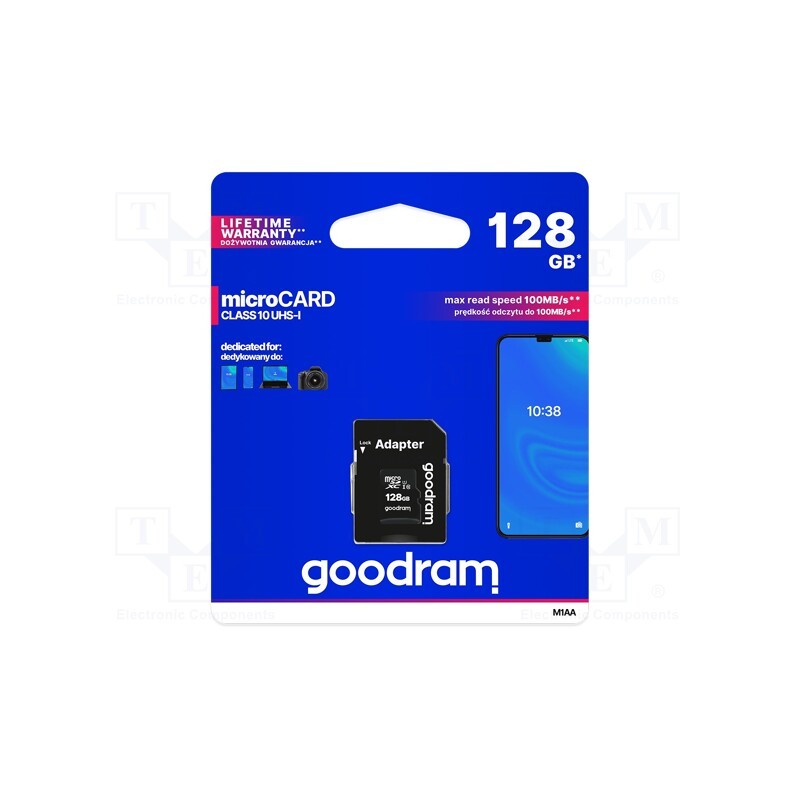 1 pcs x GOODRAM - M1AA-1280R12 - Memory card, microSDXC, R: 100MB/s, W: 10MB/s, Class 10 UHS U1