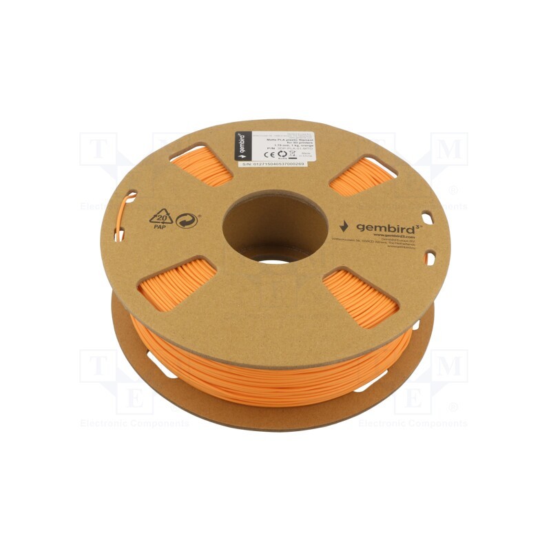 1 rol x GEMBIRD - 3DP-PLA-01-MTO - Filament: PLA-MATT, 1.75mm, orange, 190÷220°C, 1kg