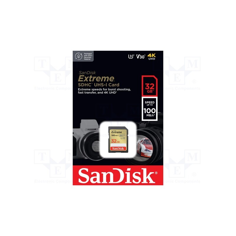 1 pcs x SANDISK - SDSDXVT-032G-GNCIN - Memory card, Extreme, SDHC, R: 100MB/s, W: 60MB/s, UHS I U3 V30
