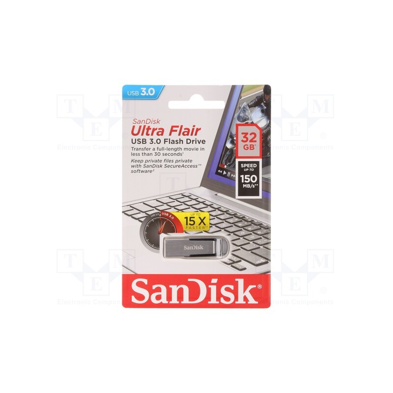 1 pcs x SANDISK - SDCZ73-032G-G46 - Pendrive, USB 3.0, 32GB, R: 150MB/s, USB A, ULTRA FLAIR, black