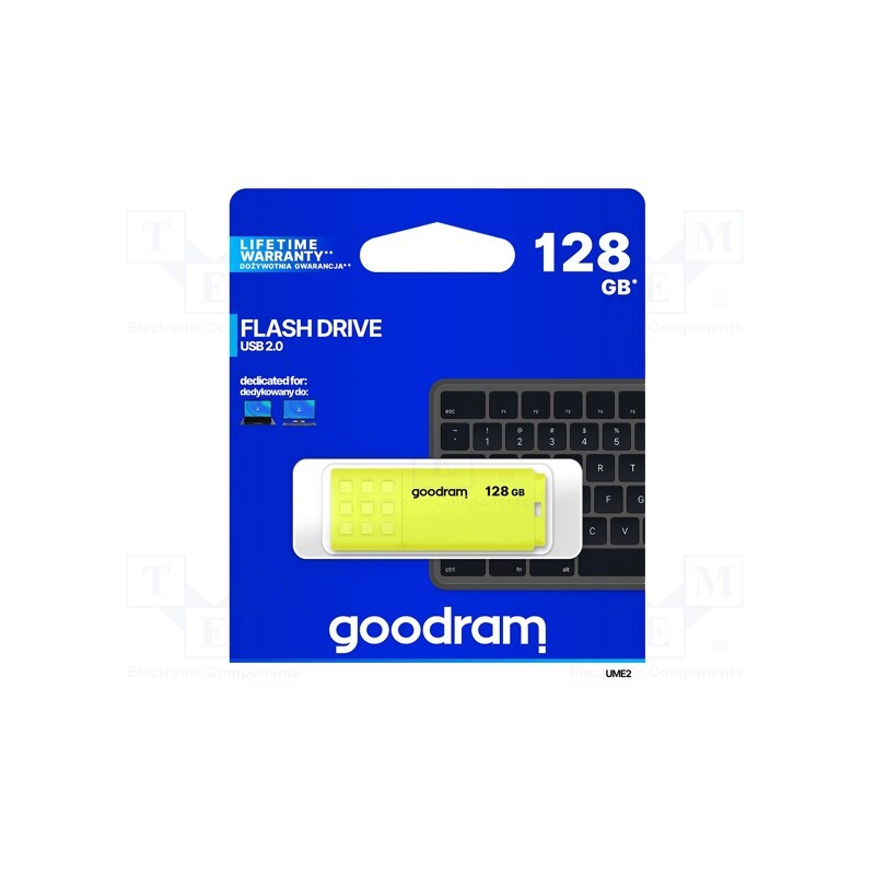 1 pcs x GOODRAM - UME2-1280Y0R11 - Pendrive, USB 2.0, 128GB, R: 20MB/s, W: 5MB/s, USB A, yellow