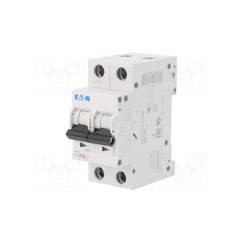 1 pcs x EATON ELECTRIC - PL6-D16/2 - Circuit breaker, 230/400VAC, Inom: 16A, Poles: 2, Charact: D, 6kA
