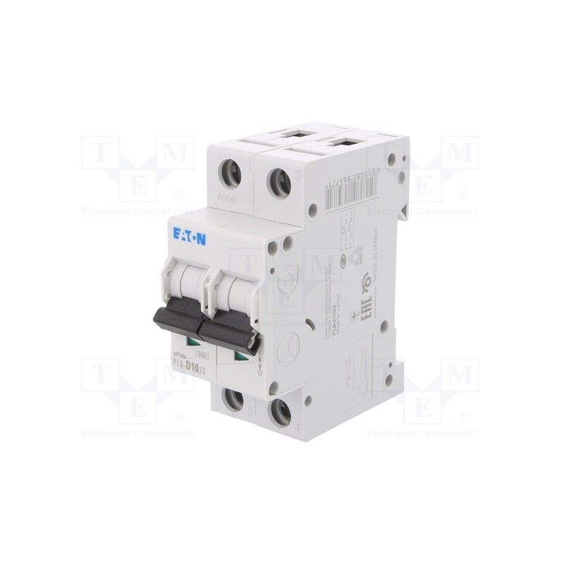 1 pcs x EATON ELECTRIC - PL6-D10/2 - Circuit breaker, 230/400VAC, Inom: 10A, Poles: 2, Charact: D, 6kA