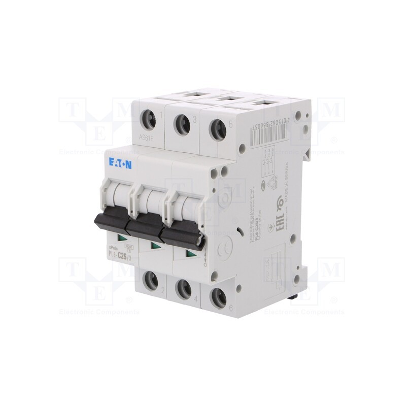 1 pcs x EATON ELECTRIC - PL6-C25/3 - Circuit breaker, 230/400VAC, Inom: 25A, Poles: 3, Charact: C, 6kA