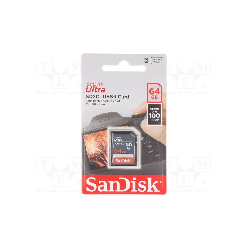 1 pcs x SANDISK - SDSDUNR-064G-GN3IN - Memory card, Ultra, SDXC, R: 100MB/s, Class 10 UHS U1, 64GB