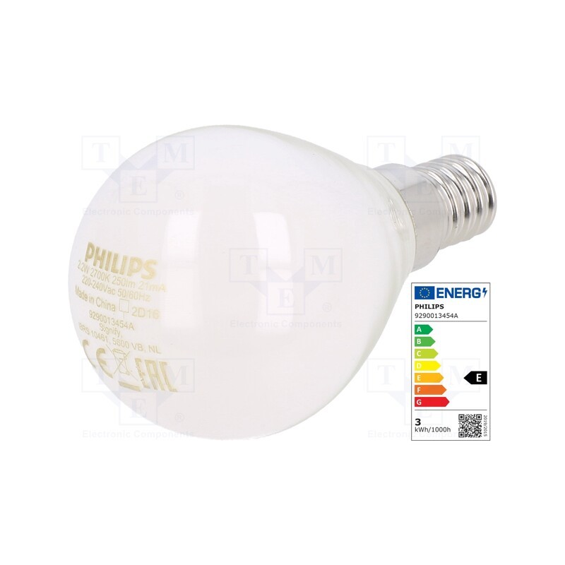 1 pcs x PHILIPS - 8718699763411 - LED lamp, warm white, E14, 230VAC, 250lm, P: 2.2W, 2700K, CRImin: 80