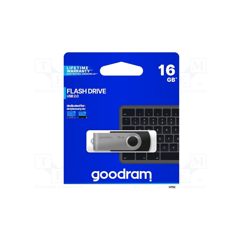 1 pcs x GOODRAM - UTS2-0160K0R11 - Pendrive, USB 2.0, 16GB, R: 20MB/s, W: 5MB/s, USB A, black