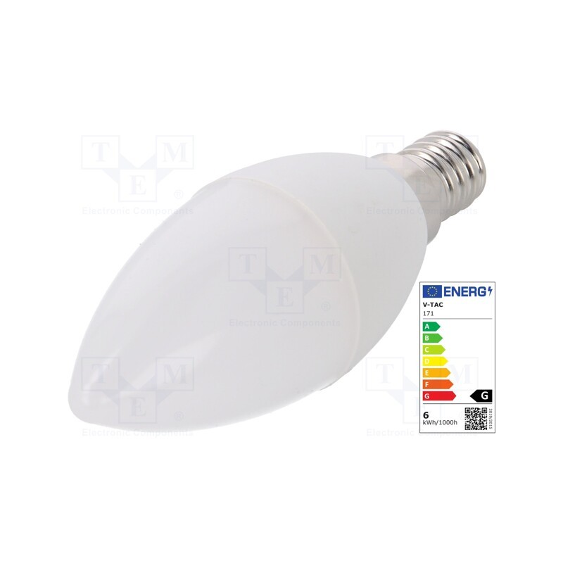 1 pcs x V-TAC - SKU 171 - LED lamp, warm white, E14, 220/240VAC, 470lm, P: 5.5W, 200°, 3000K