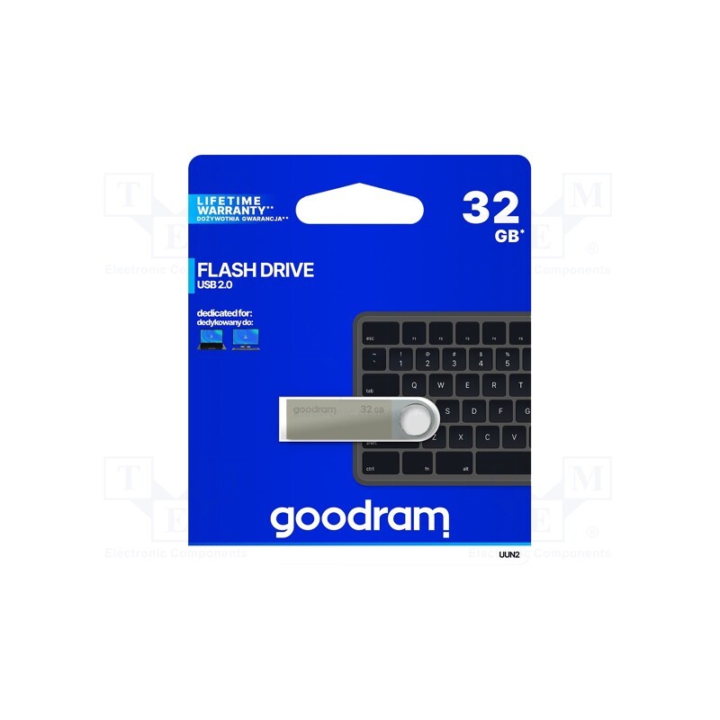 1 pcs x GOODRAM - UUN2-0320S0R11 - Pendrive, USB 2.0, 32GB, R: 20MB/s, W: 5MB/s, USB A, silver