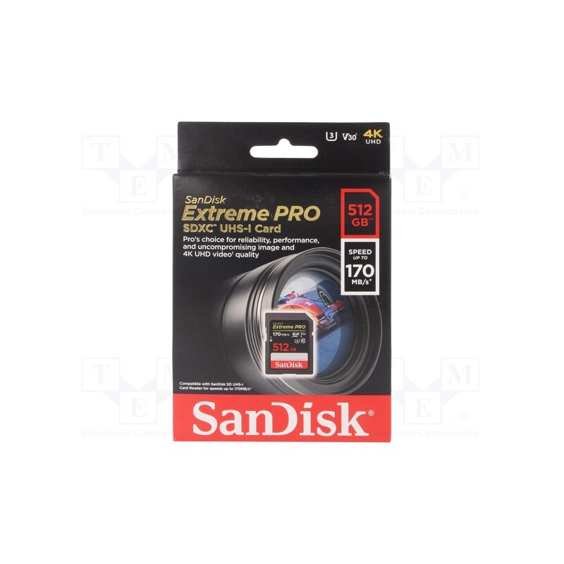 1 pcs x SANDISK - SDSDXXY-512G-GN4IN - Memory card, Extreme Pro, SDXC, R: 170MB/s, W: 90MB/s, UHS I U3 V30