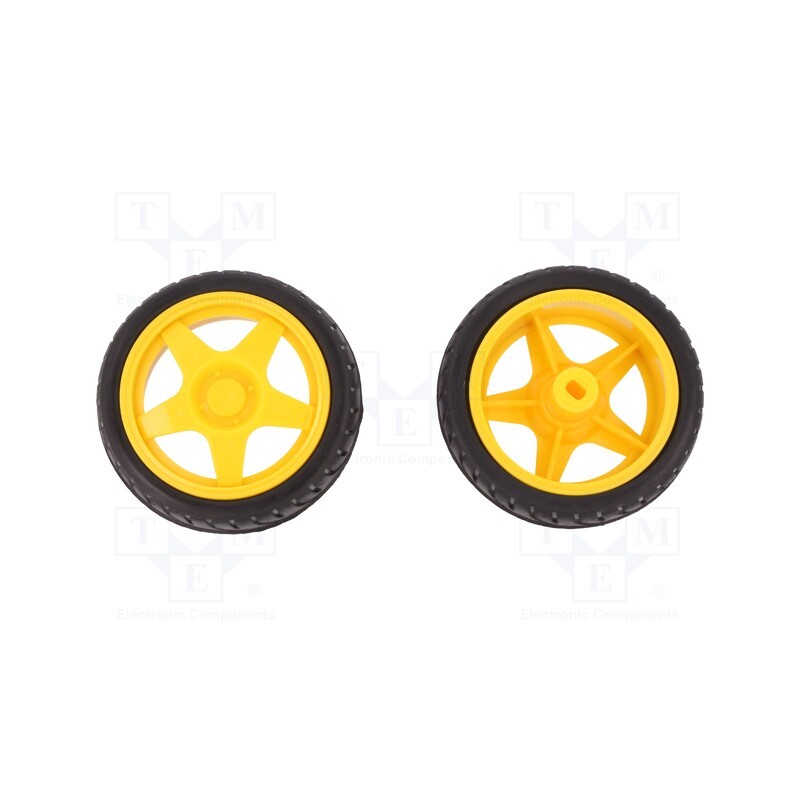 1 set x DFROBOT - FIT0003 - Wheel, yellow-black, Shaft: two sides flattened, push-in, Ø: 65mm
