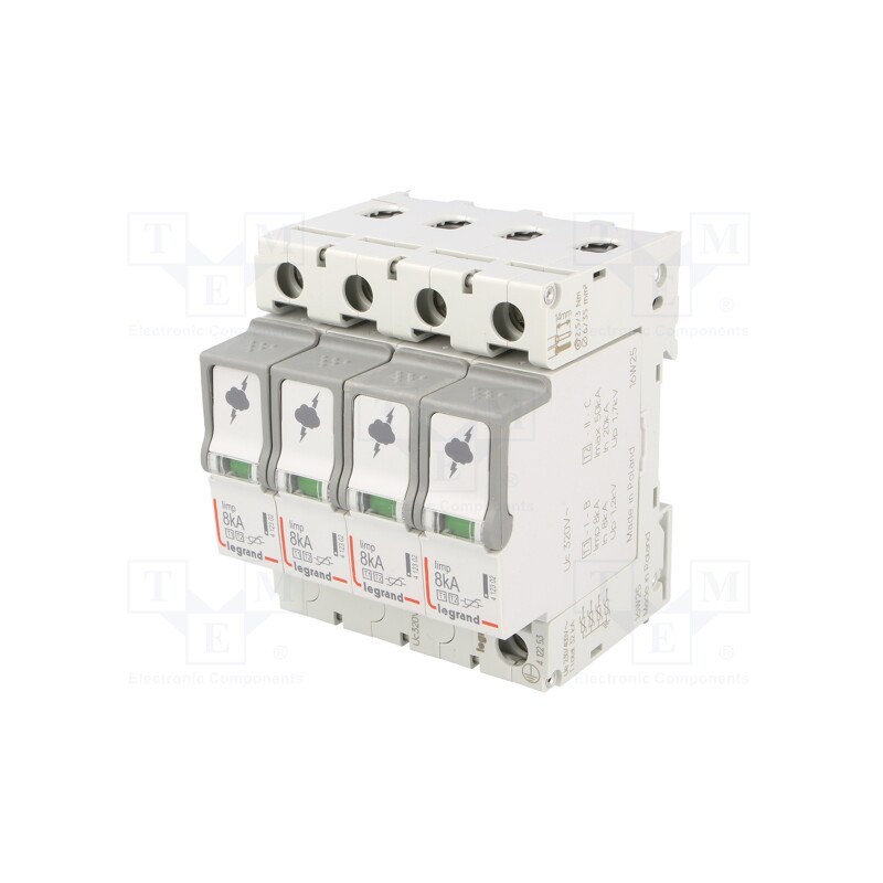 1 pcs x LEGRAND - T1+T2 8/50 4P - Surge arrestor, Type 1+2, Poles: 4, 8kA, 320VAC, -10÷40°C, IP20