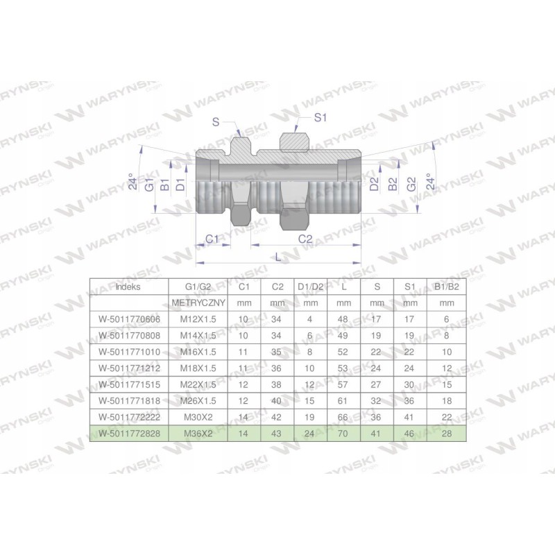 Metric bulkhead connector BB M36x2 28l Warynski