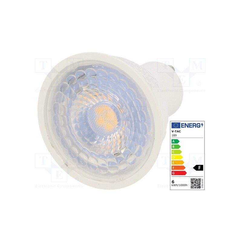 1 pcs x V-TAC - SKU 189 - LED lamp, warm white, GU10, 220/240VAC, 480lm, P: 6.5W, 38°, 3000K