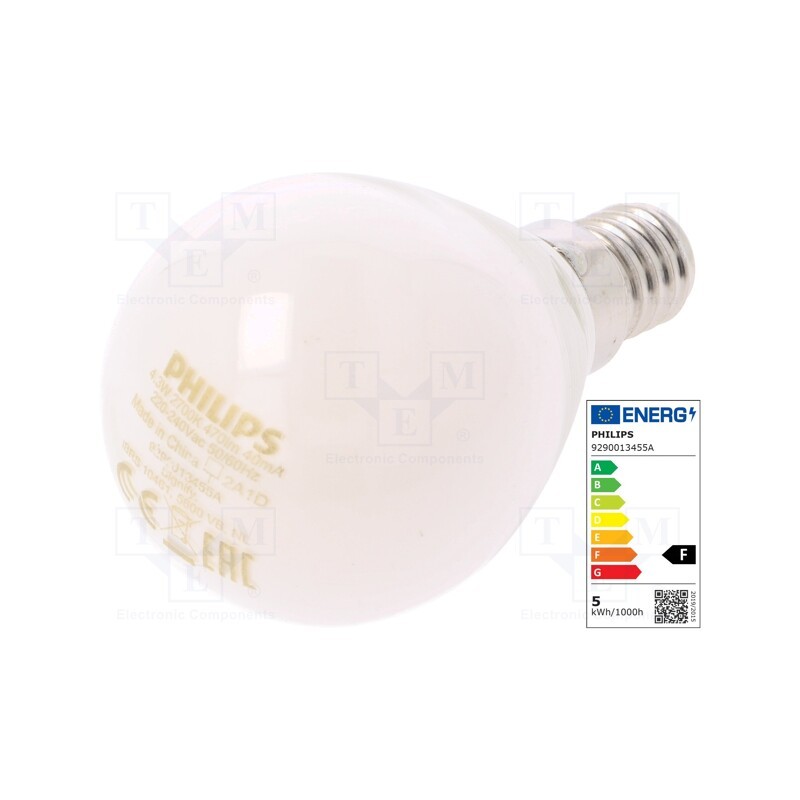 1 pcs x PHILIPS - 8718699763435 - LED lamp, warm white, E14, 230VAC, 470lm, P: 4.3W, 2700K, CRImin: 80