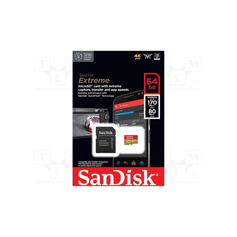 1 pcs x SANDISK - SDSQXAH-064G-GN6MA - Memory card, Extreme,A2 Specification, microSDXC, R: 170MB/s
