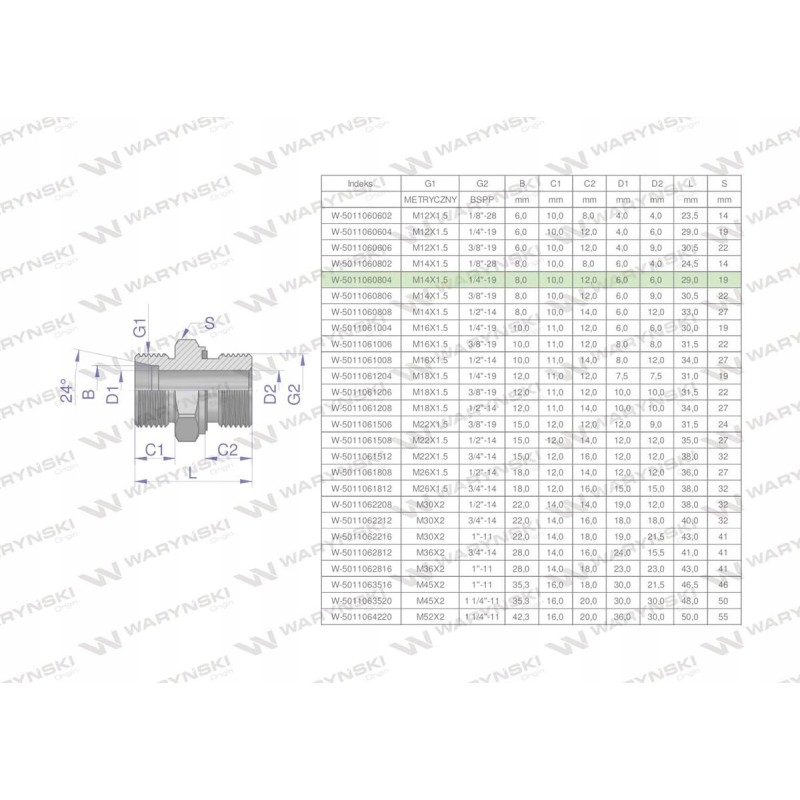 Hydraulic connection bb xge m14x1 5 08l x 1 4