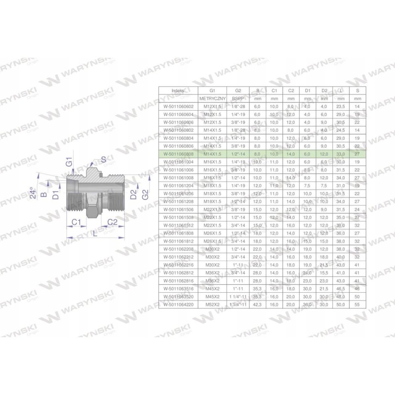 Hydraulic connection bb xge m14x1 5 08l x 1 2
