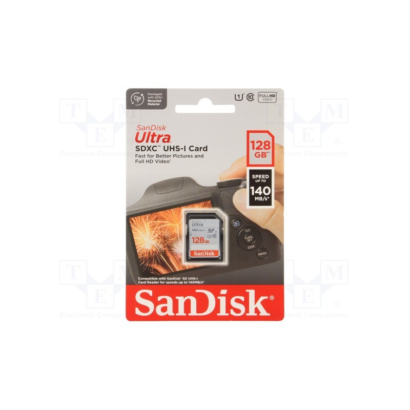 1 pcs x SANDISK - SDSDUNB-128G-GN6IN - Memory card, Ultra, SDXC, R: 140MB/s, Class 10 UHS U1, 128GB