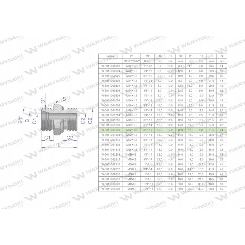 Hydraulic connection bb xge m22x1 5 15l x 3 8