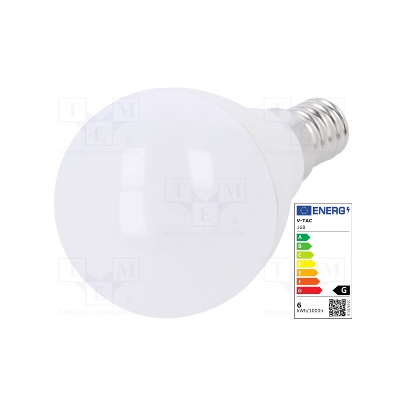 1 pcs x V-TAC - SKU 168 - LED lamp, warm white, E14, 220/240VAC, 470lm, P: 5.5W, 180°, 3000K
