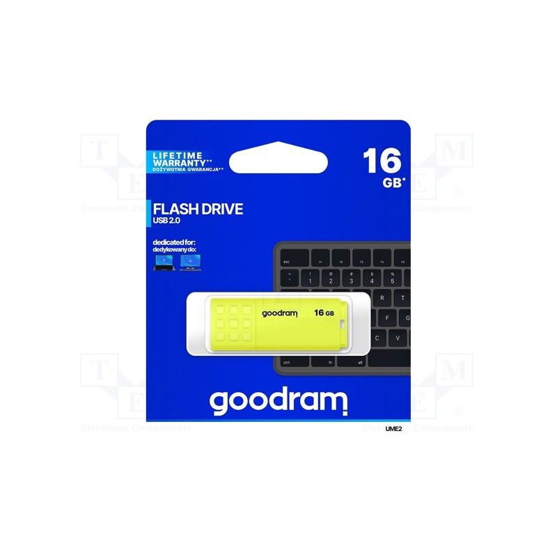 1 pcs x GOODRAM - UME2-0160Y0R11 - Pendrive, USB 2.0, 16GB, R: 20MB/s, W: 5MB/s, USB A, yellow