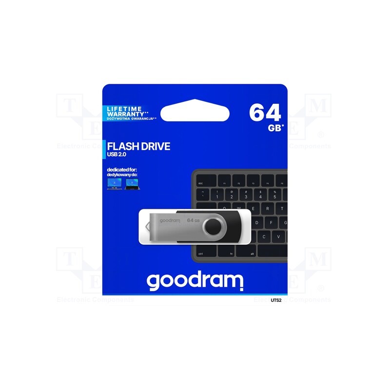 1 pcs x GOODRAM - UTS2-0640K0R11 - Pendrive, USB 2.0, 64GB, R: 20MB/s, W: 5MB/s, USB A, black