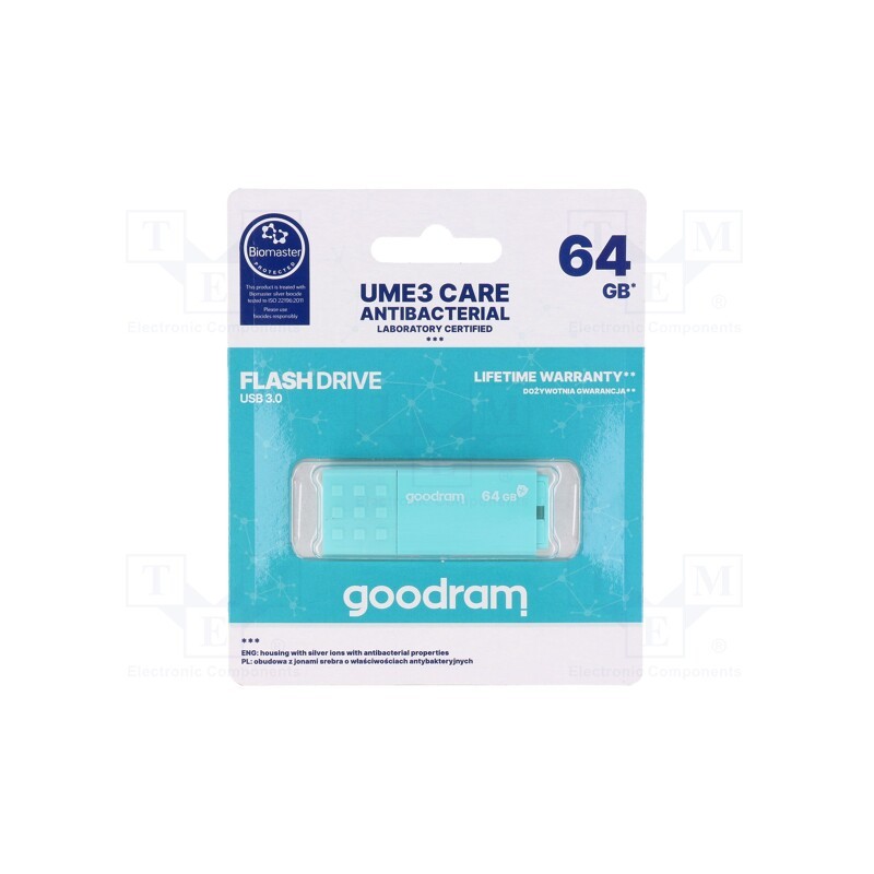 1 pcs x GOODRAM - UME3-0640CRR11 - Pendrive, USB 3.2, 64GB, R: 60MB/s, W: 20MB/s, USB A, mint