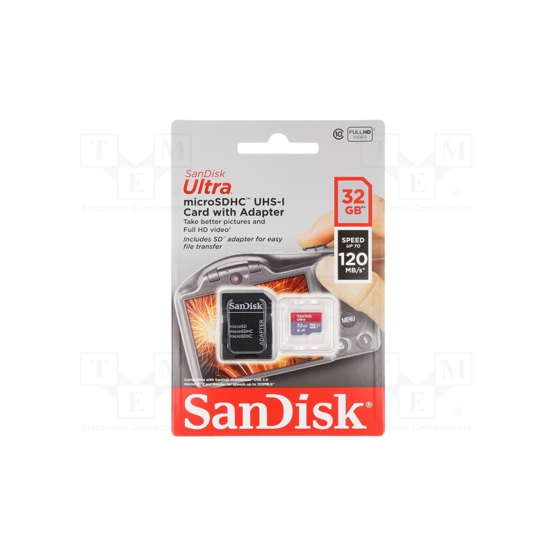 1 pcs x SANDISK - SDSQUA4-032G-GN6IA - Memory card, microSDHC, R: 120MB/s, Class 10 UHS U1, 32GB, adapter