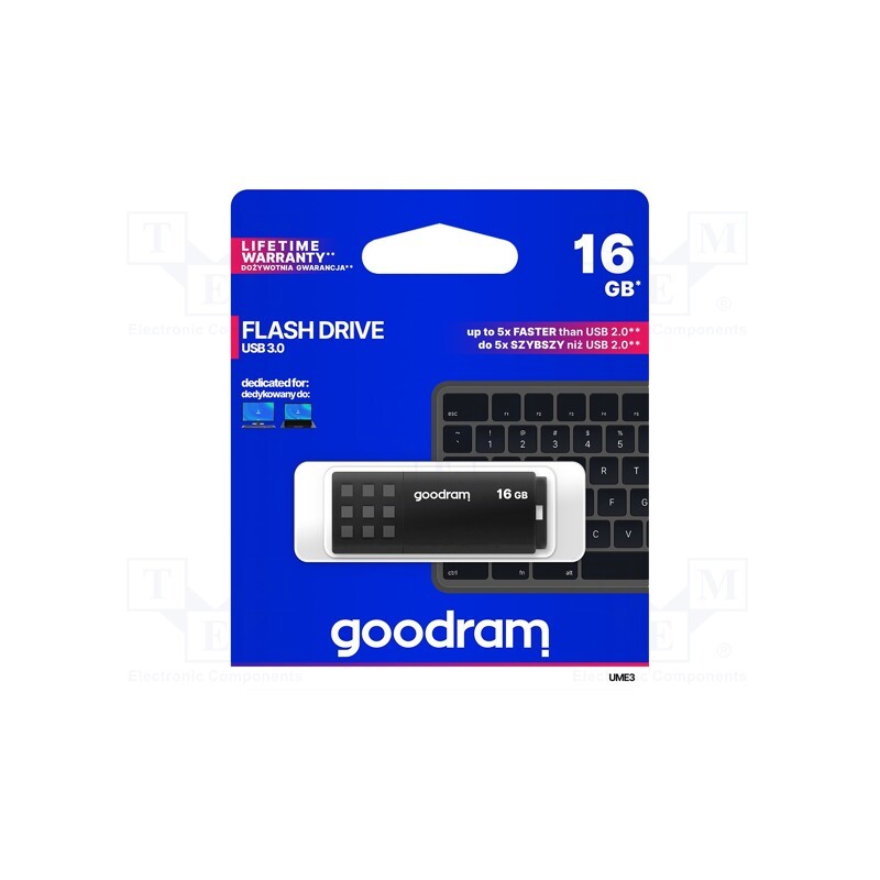 1 pcs x GOODRAM - UME3-0160K0R11 - Pendrive, USB 3.0, 16GB, R: 60MB/s, W: 20MB/s, USB A, black