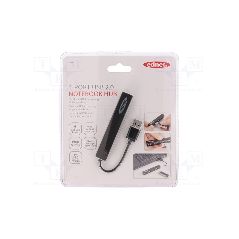 1 pcs x EDNET - 85040 - Hub USB, USB A socket x4,USB A plug, USB 2.0, PnP, black, 480Mbps