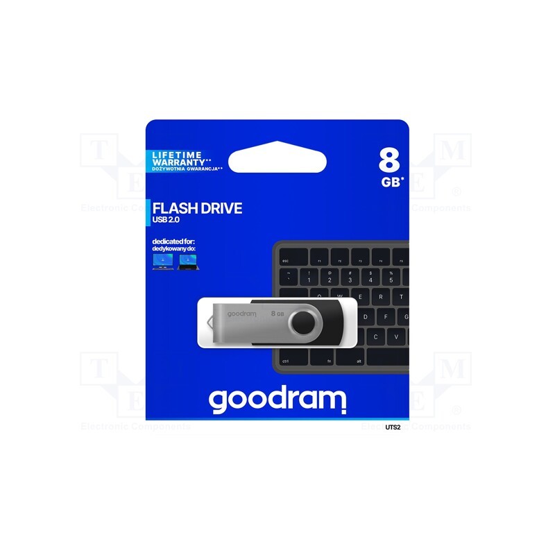 1 pcs x GOODRAM - UTS2-0080K0R11 - Pendrive, USB 2.0, 8GB, R: 20MB/s, W: 5MB/s, USB A, black