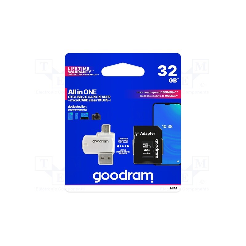 1 pcs x GOODRAM - M1A4-0320R12 - Memory card, microSDHC, R: 100MB/s, W: 10MB/s, Class 10 UHS U1