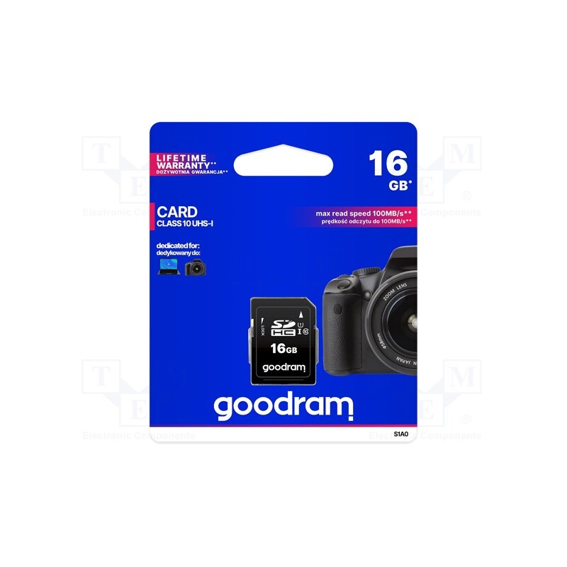 1 pcs x GOODRAM - S1A0-0160R12 - Memory card, SDHC, R: 100MB/s, W: 10MB/s, Class 10 UHS U1, 16GB