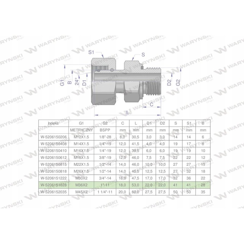 Hydraulic connection ab evge m36x2 28l x 1
