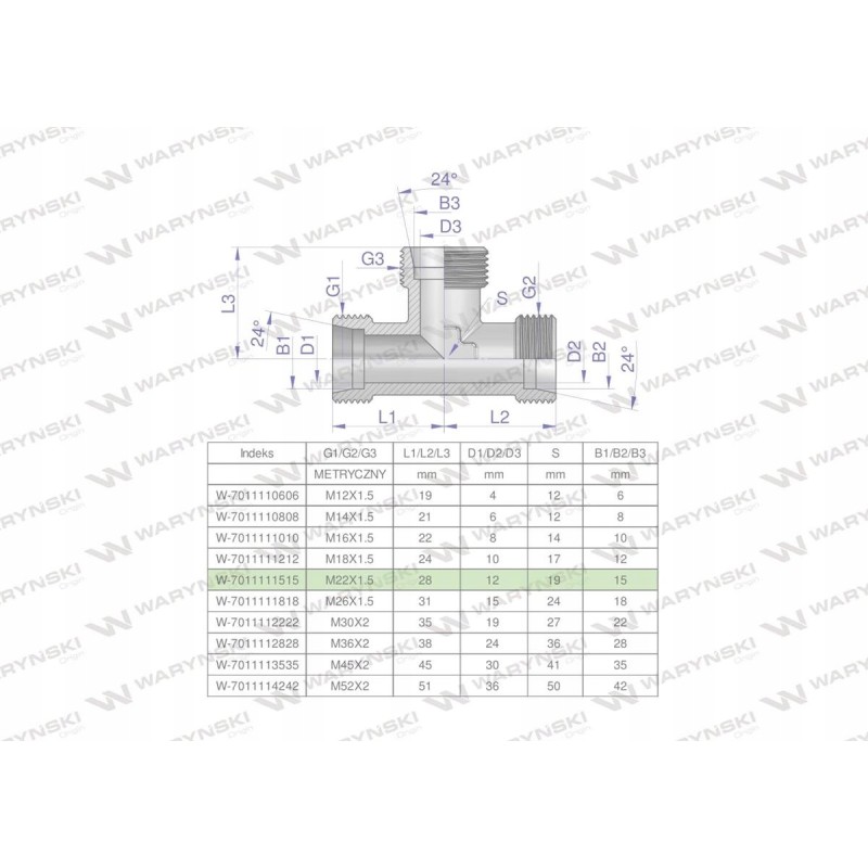 Metric hydraulic tee bbb m22x1 5 15l xt