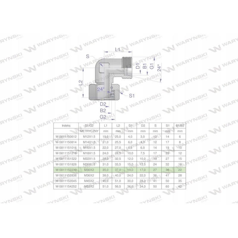 Metric hydraulic elbow ab m30x2 22l xevw
