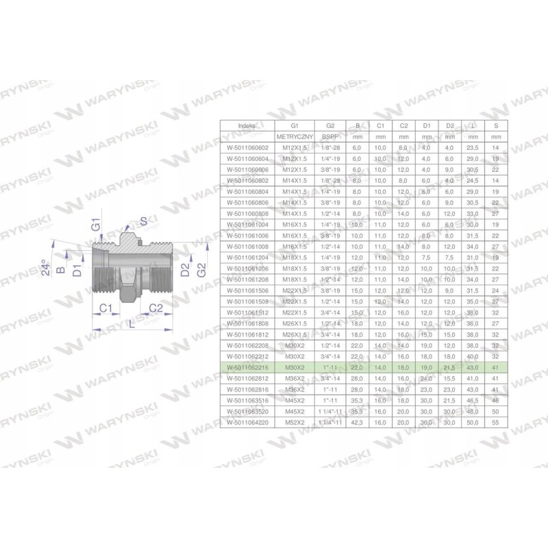 Hydraulic connection bb xge m30x2 22l x 1