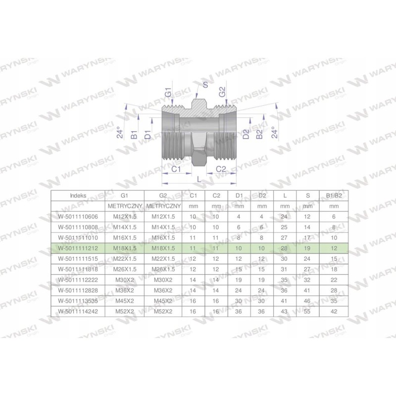 Metric hydraulic connector bb m18x1 5 12l xg