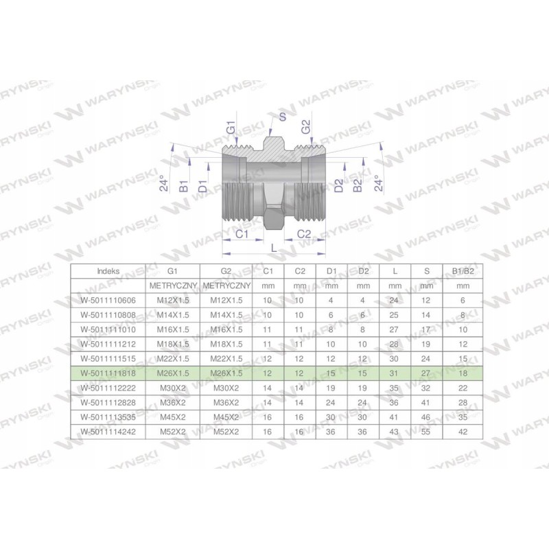Metric hydraulic connector bb m26x1 5 18l xg