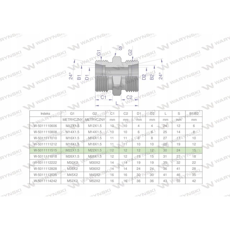 Metric hydraulic connector bb m22x1 5 15l xg
