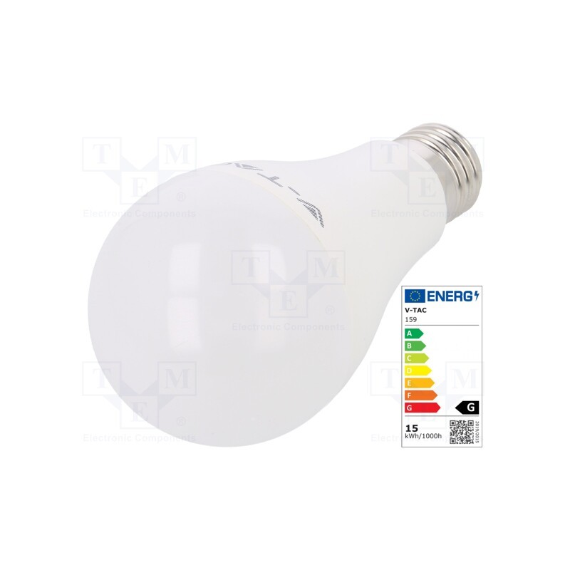 1 pcs x V-TAC - SKU 159 - LED lamp, warm white, E27, 220/240VAC, 1250lm, P: 15W, 200°, 3000K