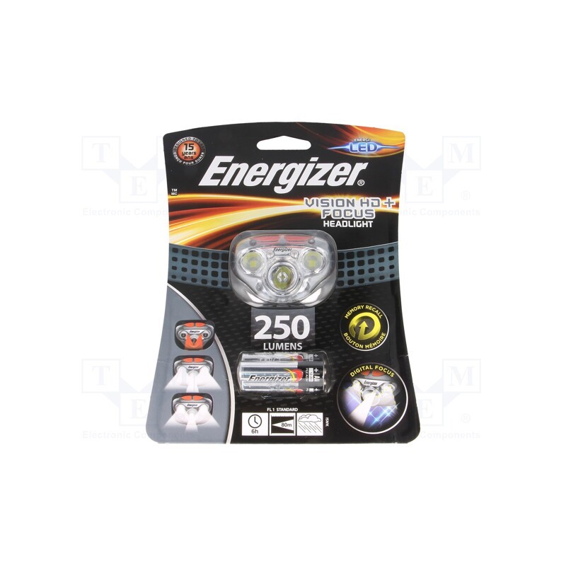 1 set x ENERGIZER - VISION HD+ FOCUS - Torch: LED headtorch, waterproof, 6h, 250lm, grey, HEADLIGHT