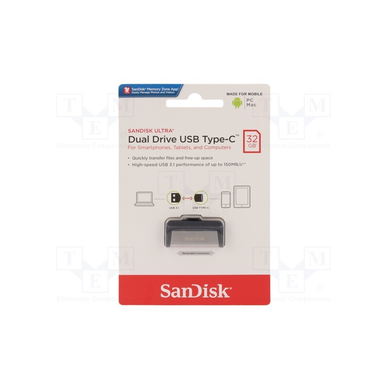 1 pcs x SANDISK - SDDDC2-032G-G46 - Pendrive, OTG,USB 3.1, 32GB, R: 150MB/s, USB A,USB C