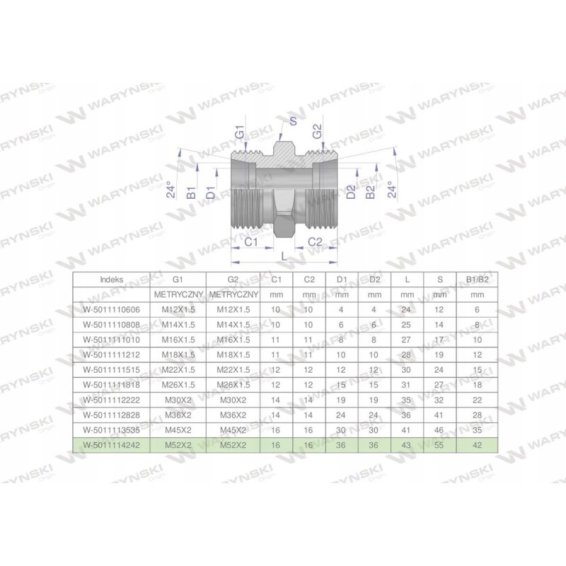Metric hydraulic connector bb m52x2 42l x g w