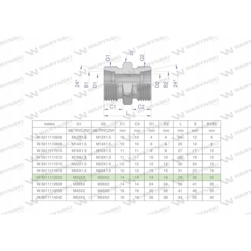 Metric hydraulic connector bb m30x2 22l x g w